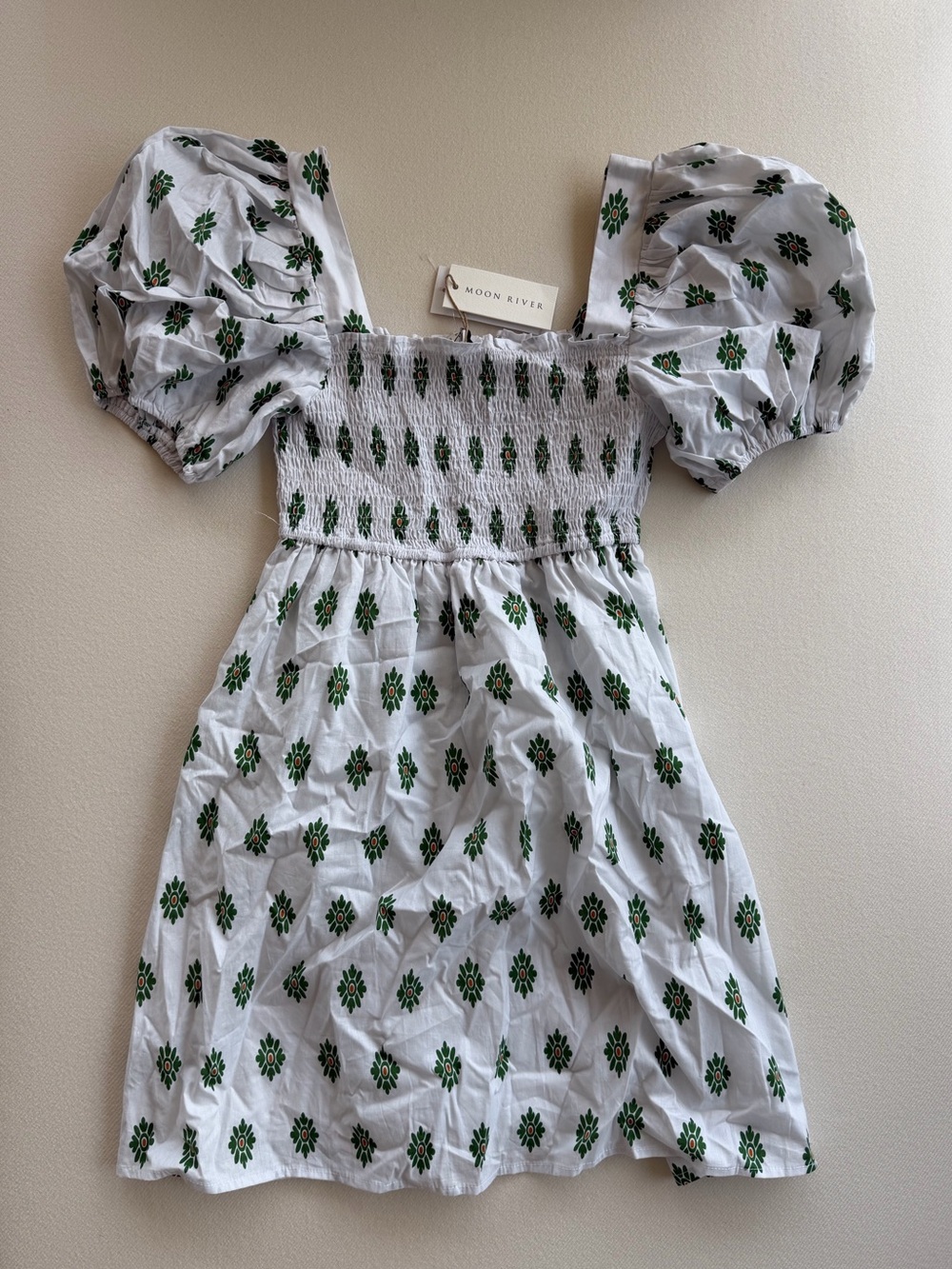 Moon River Anthropologie White Dress with Green Floral Print and Puff Sleeves